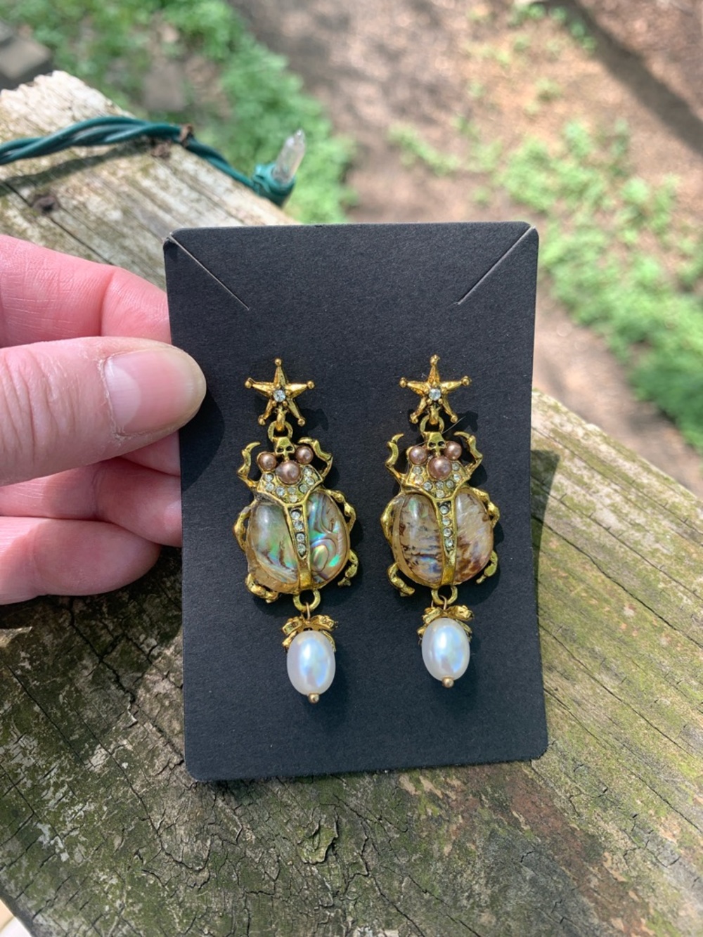 NWT Anthropologie Gold Beetle Drop Earrings with Iridescent Abalone and Pearl - Picture 2 of 6